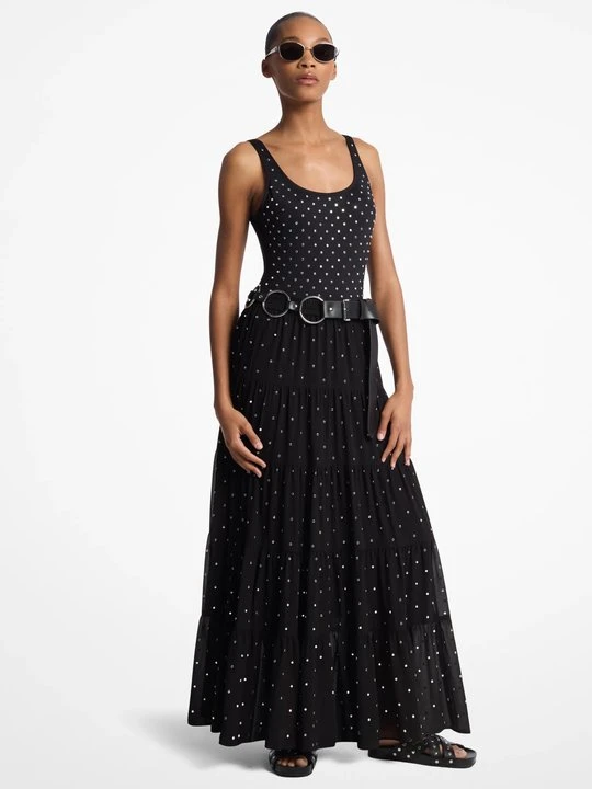 Zdjęcie produktu Warstwowa spódnica maxi z żorżety z ćwiekami Michael Kors CZARNY (Czarny)
