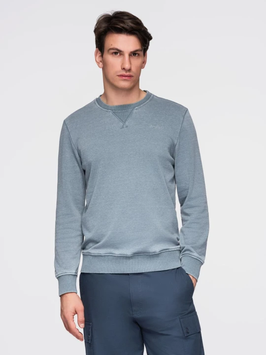 Zdjęcie produktu Washowana bluza męska z ozdobnym przeszyciem przy dekolcie - jasnoniebieska V3 - Rozmiar: S Ombre Clothing błękitny