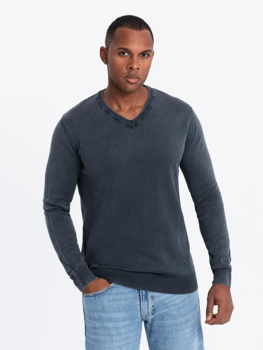 Zdjęcie produktu Washowany sweter męski z dekoltem w serek - granatowy V2 - Rozmiar: S Ombre Clothing