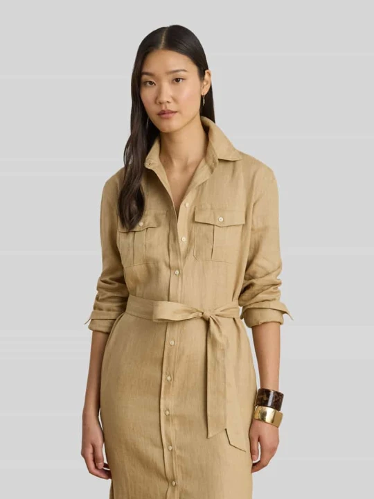 Zdjęcie produktu Wąska sukienka koszulowa midi z czystego lnu Lauren Ralph Lauren Beżowy