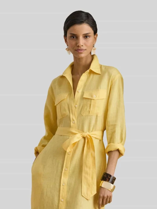 Zdjęcie produktu Wąska sukienka koszulowa midi z czystego lnu Lauren Ralph Lauren Żółty