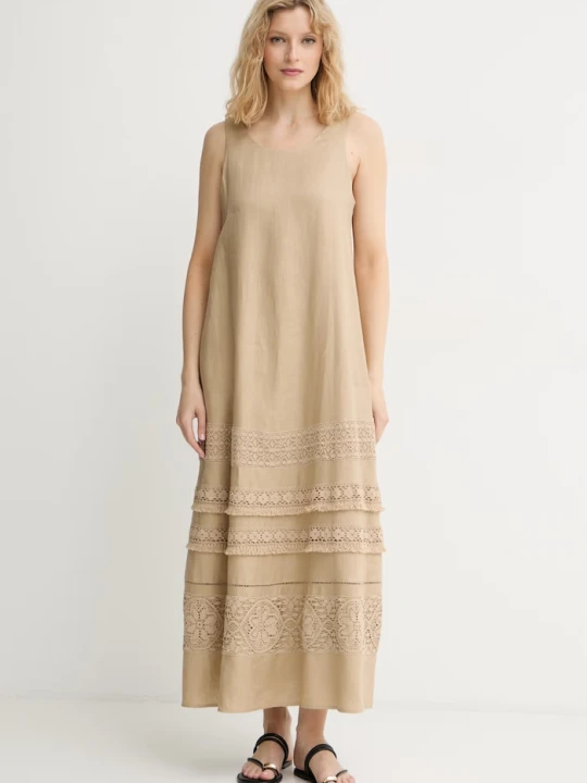 Zdjęcie produktu Weekend Max Mara sukienka letnia lniana beżowy