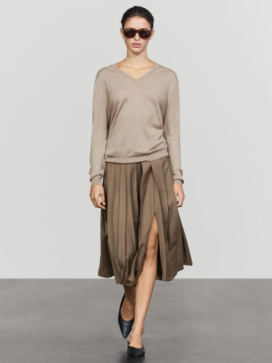 Zdjęcie produktu Wełniana Spódnica Midi Z Zakładkami - Brązowy - Massimo Dutti - Female