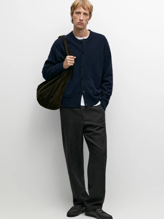 Zdjęcie produktu Kardigan Z Dzianiny, 100% Wełna - Ciemnoniebieski - Massimo Dutti - Male
