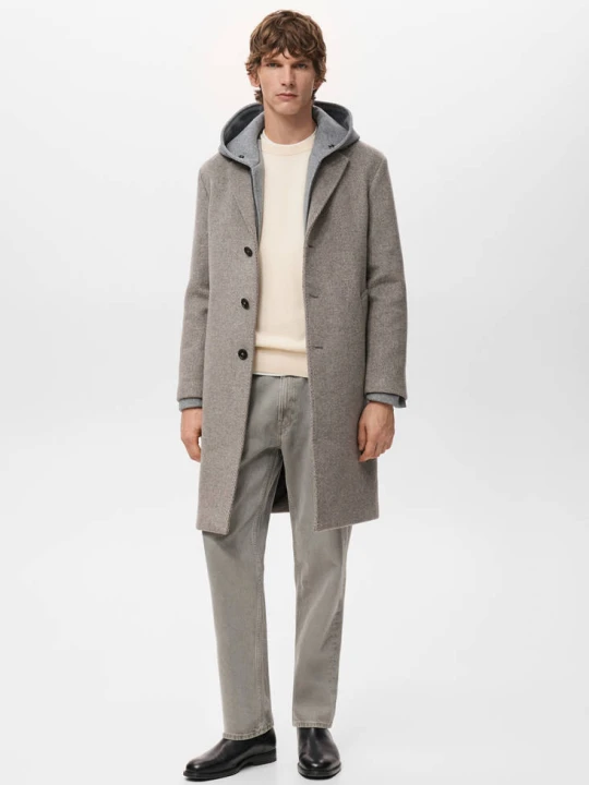 Zdjęcie produktu Wełniany płaszcz w jodełkę z teksturą piaskowy - Mężczyzna - - MANGO MAN