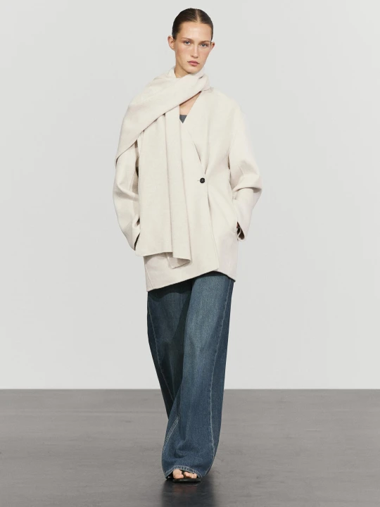 Zdjęcie produktu Wełniany Płaszcz Z Szalikiem - Beżowy - Massimo Dutti - Female