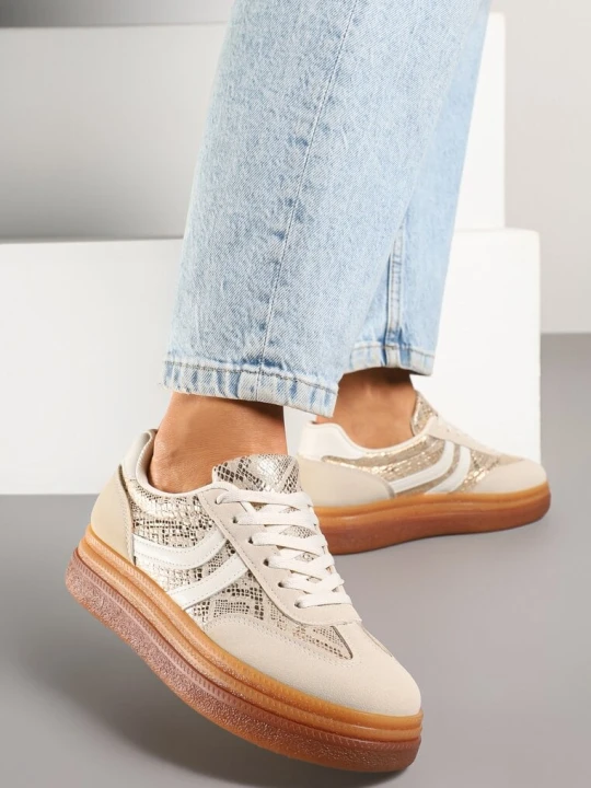 Zdjęcie produktu Beżowe Wężowe Sneakersy Typu Kultowe Tenisówki na Niskiej Platformie Olritia Ideal