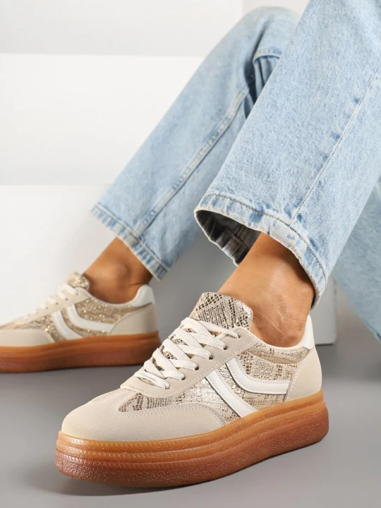 Zdjęcie produktu Beżowe Wężowe Sneakersy w Stylu Klasycznych Tenisówek na Grubej Podeszwie Grelritia Ideal