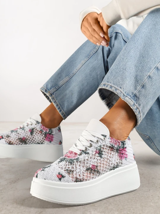 Zdjęcie produktu Białe Ażurowe Sneakersy Vices na Platformie w Kwiaty Halvisa