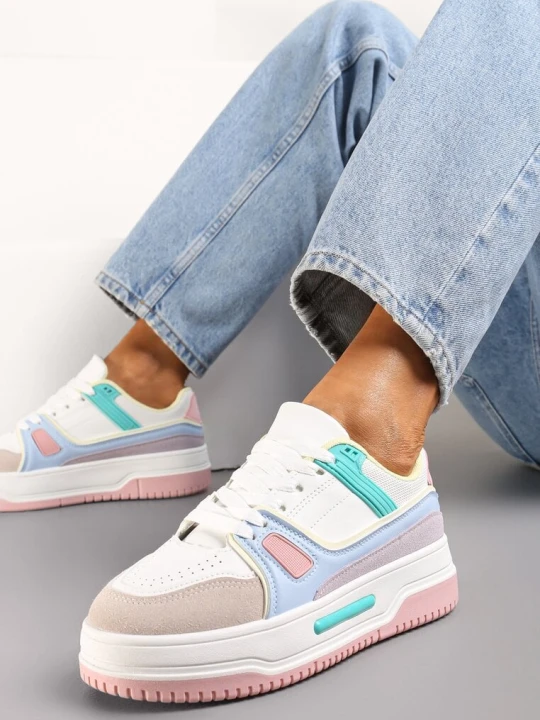 Zdjęcie produktu Biało-Różowe Sneakersy ze Wstawkami z Ekozamszu na Grubej Podeszwie Anecta