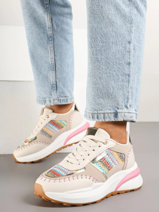 Zdjęcie produktu Beżowo-Różowe Sneakersy na Grubej Podeszwie Zdobione Plecionką Ninidala