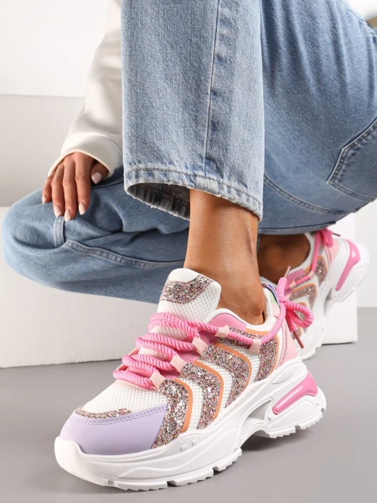 Zdjęcie produktu Różowo-fioletowe Sneakersy na Masywnej Podeszwie Odobione Brokatem Thirlas