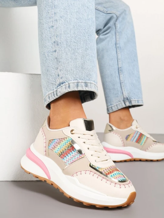 Zdjęcie produktu Beżowo-Różowe Sneakersy na Platformie ze Wstawkami z Plecionki Ninatia