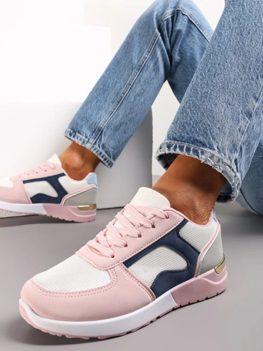 Zdjęcie produktu Beżowo-Różowe Sneakersy przed Kostkę z Metaliczną Wstawką Anastali