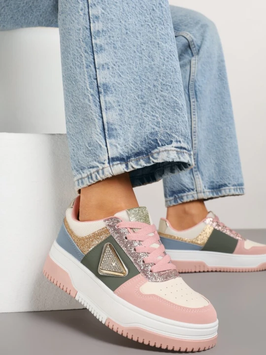 Zdjęcie produktu Różowo-Zielone Sneakersy z Perforacją Cyrkoniami i Brokatem Tillidara Renda