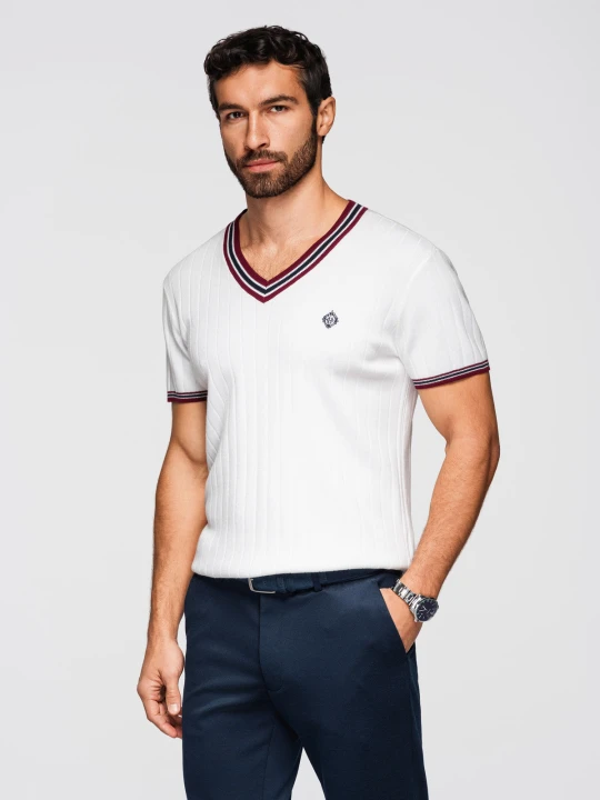 Zdjęcie produktu Wiskozowa męska koszulka z dekoltem w serek - biała V1 - Rozmiar: L Ombre Clothing
