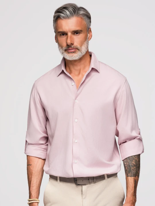 Zdjęcie produktu Wiskozowo-lniana koszula męska o kroju regular - pastelowy róż V3 - Rozmiar: XXL Ombre Clothing różowy