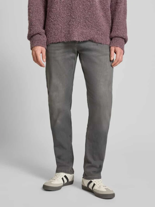 Zdjęcie produktu Wygodne jeansy o kroju slim fit w szarej efekt sprania i 5 kieszeni. REVIEW