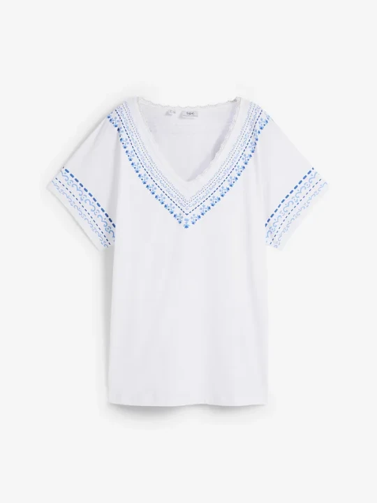 Zdjęcie produktu Wygodny t-shirt z haftowym nadrukiem, z bawełny organicznej BonPrix biały