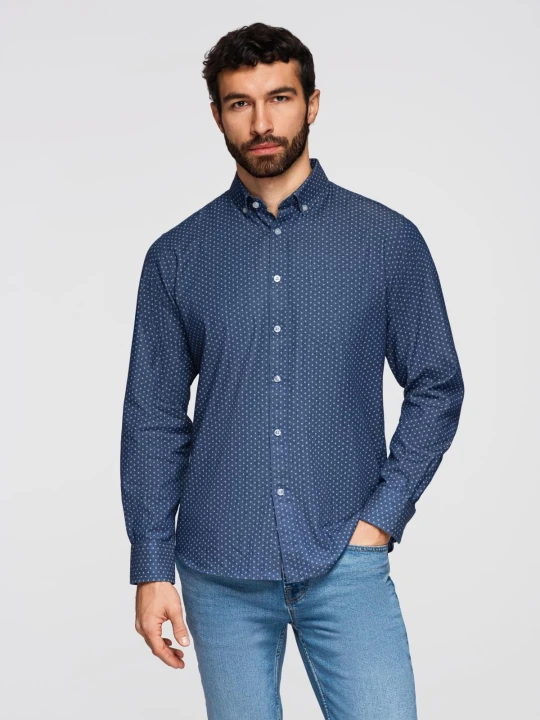 Zdjęcie produktu Wzorzysta męska koszula z cienkiego jeansu z kieszonką – niebieska V2 - Rozmiar: XL Ombre Clothing
