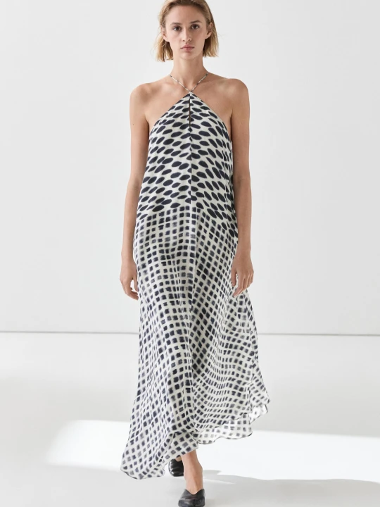 Zdjęcie produktu Wzorzysta Rozkloszowana Sukienka Średniej Długości - Biały - Massimo Dutti - Female