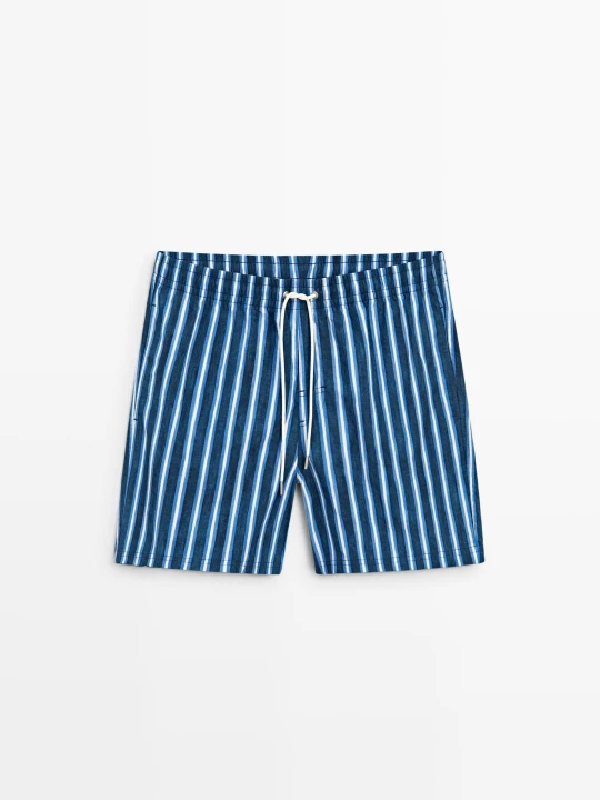 Zdjęcie produktu Wzorzyste Szorty Kąpielowe W Trójkolorowe Paski - Błękit Królewski - Massimo Dutti - Male
