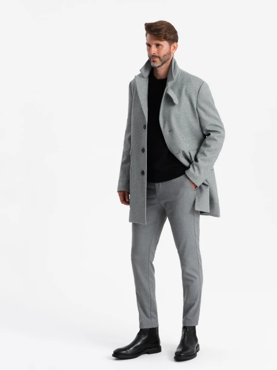 Zdjęcie produktu Wzorzysty jednorzędowy męski płaszcz z kieszeniami – szary V3 - Rozmiar: S Ombre Clothing