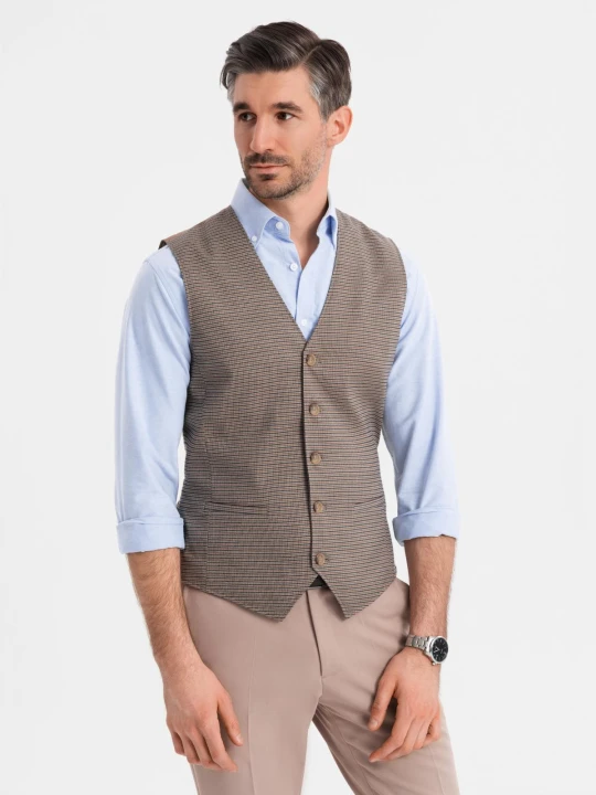 Zdjęcie produktu Żakardowa kamizelka męska casual bez klap - brązowa V1 - Rozmiar: L Ombre Clothing