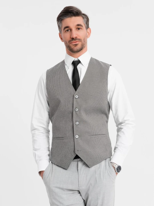 Zdjęcie produktu Żakardowa kamizelka męska casual bez klap - szara V2 - Rozmiar: S Ombre Clothing