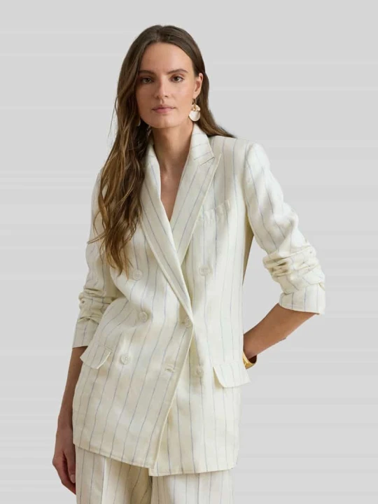 Zdjęcie produktu Żakiet długi z czystego lnu z listwą guzikową 2-rzędową Lauren Ralph Lauren Złamany biały