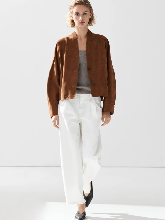 Zdjęcie produktu Zamszowa Kurtka Z Dekoltem W Serek - Wielbłądzi - Massimo Dutti - Female