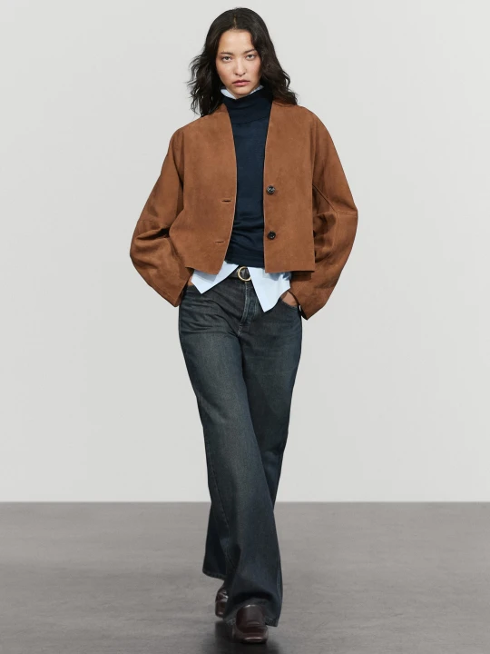 Zdjęcie produktu Zamszowa Kurtka Z Dekoltem W Serek - Wielbłądzi - Massimo Dutti - Female
