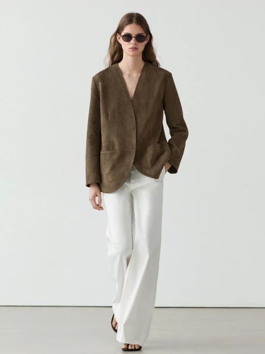 Zdjęcie produktu Zamszowa Marynarka Skórzana - Szarobrązowy - Massimo Dutti - Female