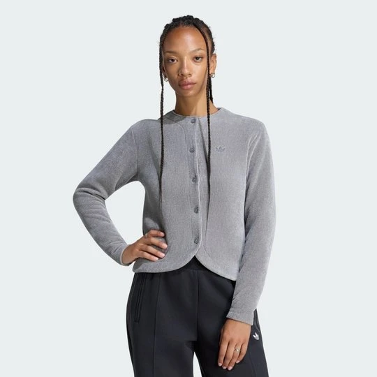 Zdjęcie produktu ZAPINANY NA GUZIKI KARDIGAN Z SZENILOWEJ DZIANINY PREM ESS Adidas Grey Three