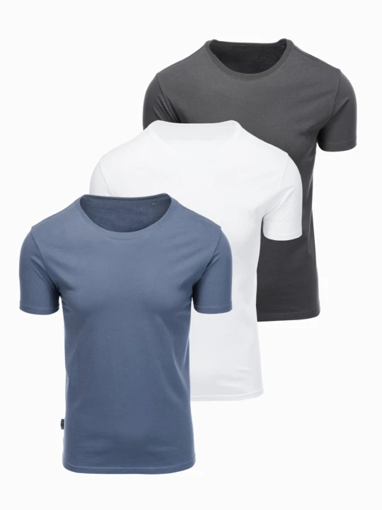 Zdjęcie produktu Zestaw bawełnianych koszulek męskich BASIC z okrągłym dekoltem – biały / grafitowy / niebieski denim V8 - Rozmiar: S Ombre Clothing szary