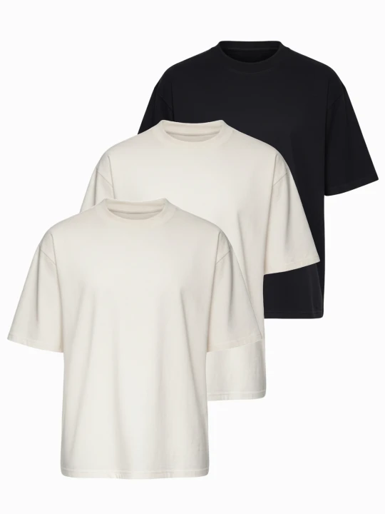 Zdjęcie produktu Zestaw bawełnianych koszulek męskich loose fit z okrągłym dekoltem - biała / biała / czarna V2 - Rozmiar: XXL Ombre Clothing