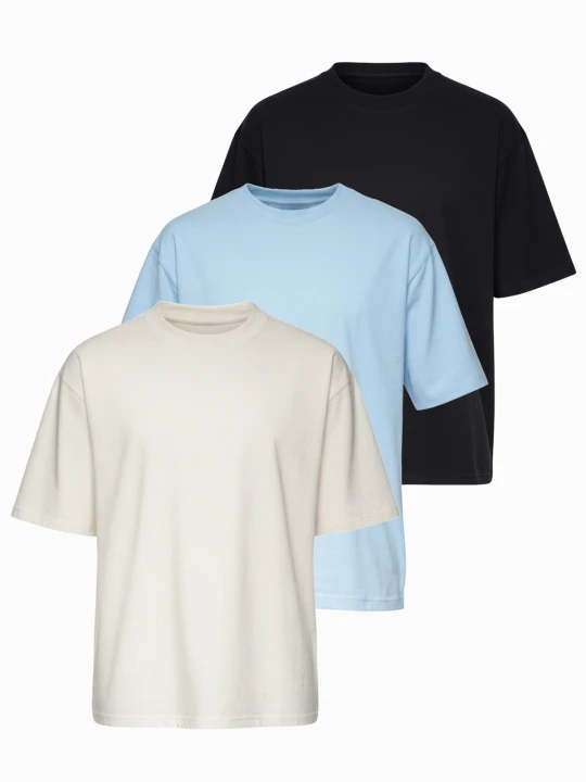 Zdjęcie produktu Zestaw bawełnianych koszulek męskich loose fit z okrągłym dekoltem - czarna / błękitna / biała V2 - Rozmiar: XXL Ombre Clothing