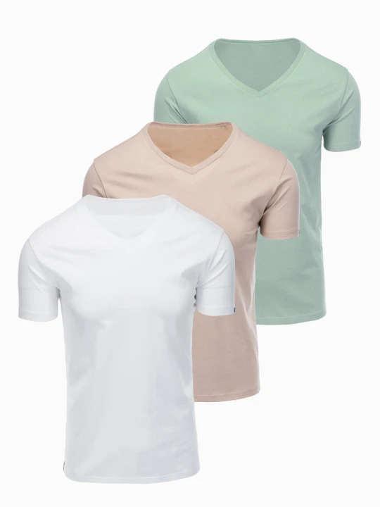 Zdjęcie produktu Zestaw bawełnianych koszulek męskich V-neck BASIC – szarozielony / biały / beżowy V14 - Rozmiar: L Ombre Clothing