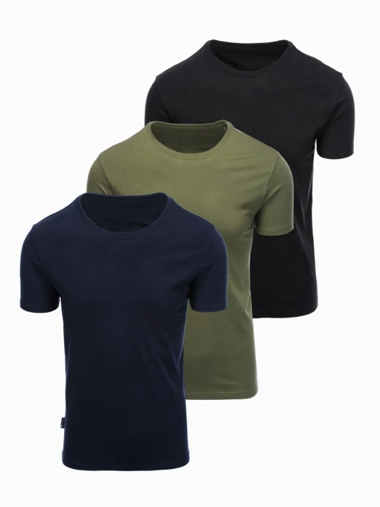 Zdjęcie produktu Zestaw męskich bawełnianych t-shirtów BASIC z okrągłym dekoltem – czarny / granatowy / khaki V3 - Rozmiar: XL Ombre Clothing