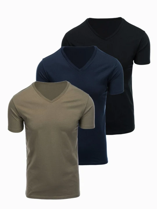 Zdjęcie produktu Zestaw męskich bawełnianych t-shirtów V-neck BASIC – czarny / granatowy / ciemnooliwkowy V7 Ombre Clothing