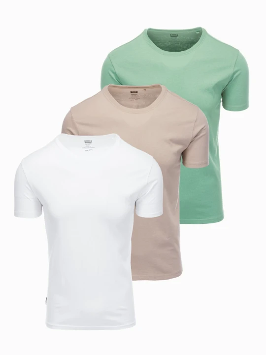 Zdjęcie produktu Zestaw męskich koszulek bawełnianych BASIC z okrągłym dekoltem – szarozielony / biały / beżowy V14 Ombre Clothing
