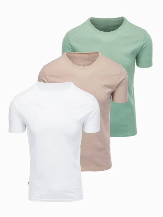 Zdjęcie produktu Zestaw męskich koszulek bawełnianych BASIC z okrągłym dekoltem – szarozielony / biały / beżowy V14 - Rozmiar: XXL Ombre Clothing