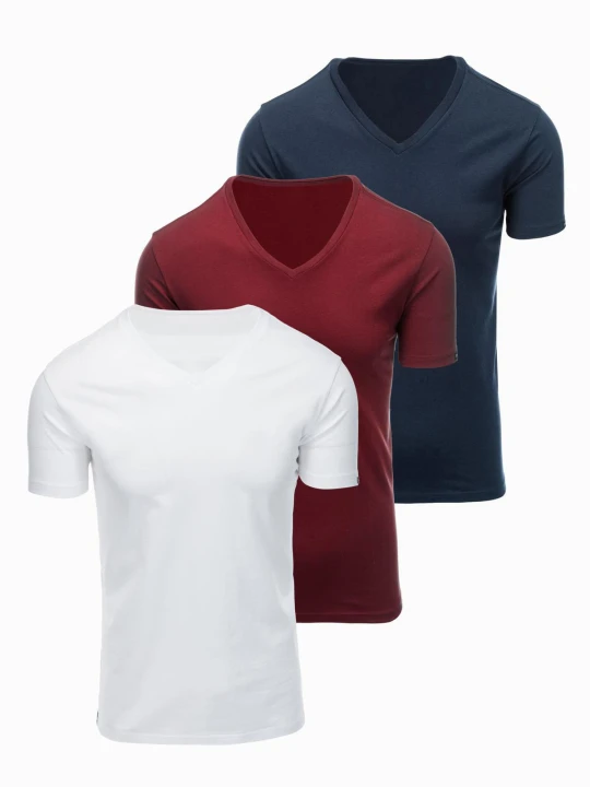 Zdjęcie produktu Zestaw męskich koszulek bawełnianych V-neck BASIC – biały / granatowy / bordowy V13 - Rozmiar: XXL Ombre Clothing