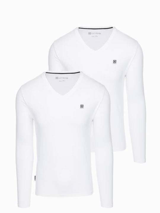 Zdjęcie produktu Zestaw męskich longsleeve'ów SLIM FIT z dekoltem typu V i logotypem 2-pak – biały V2 - Rozmiar: XXL Ombre Clothing