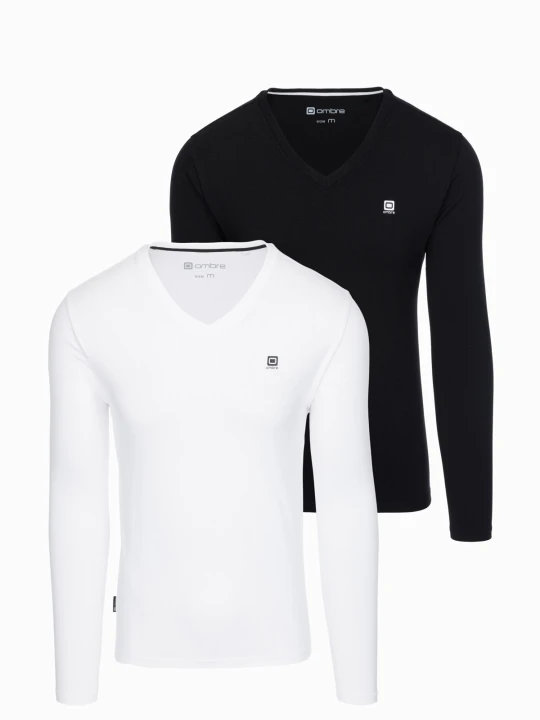 Zdjęcie produktu Zestaw męskich longsleeve'ów SLIM FIT z dekoltem typu V i logotypem 2-pak – mix biały/czarny V4 - Rozmiar: XXL Ombre Clothing