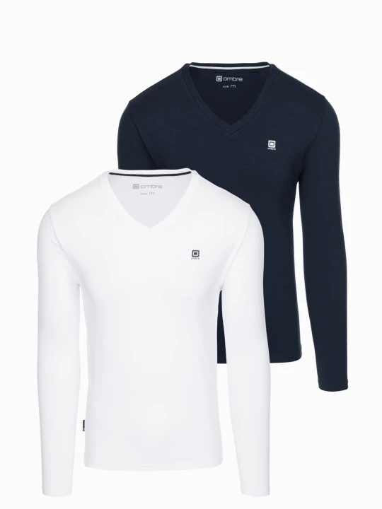 Zdjęcie produktu Zestaw męskich longsleeve'ów SLIM FIT z dekoltem typu V i logotypem 2-pak– mix biały / granatowy V1 - Rozmiar: XXL Ombre Clothing