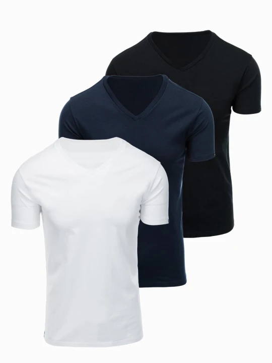 Zdjęcie produktu Zestaw męskich t-shirtów bawełnianych V-neck BASIC – czarny / biały / granatowy V1 - Rozmiar: XXL Ombre Clothing