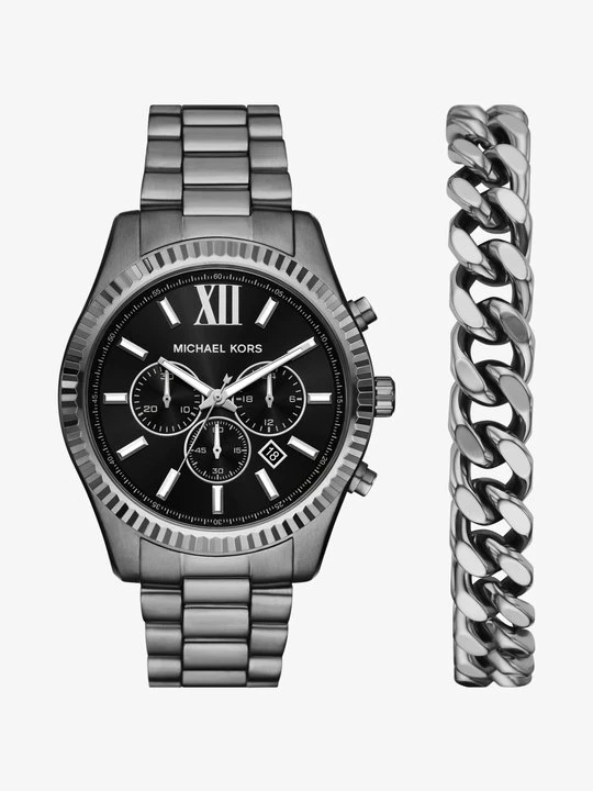 Zdjęcie produktu Zestaw podarunkowy z zegarkiem Lexington z dużą kopertą i bransoletą z grafitowym kolorze Michael Kors