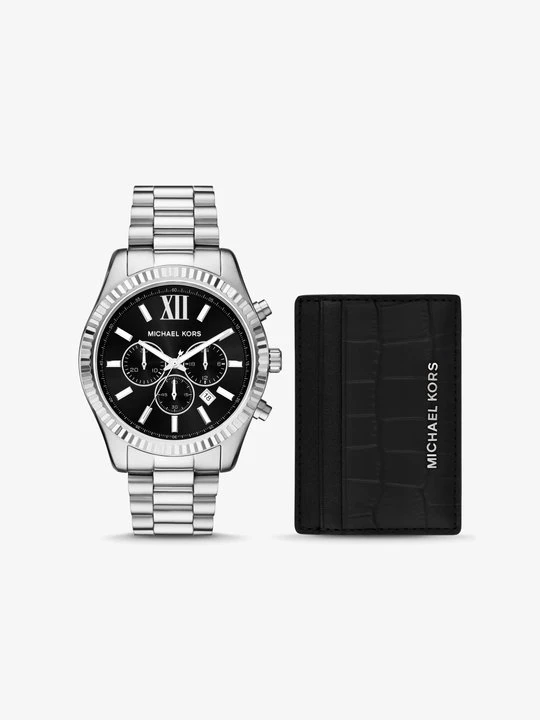 Zdjęcie produktu Zestaw upominkowy z zegarkiem Lexington w odcieniach srebra z dużą kopertą i etui na karty ze skóry z fakturą łuski krokodyla Michael Kors SREBRNY (Srebrny)