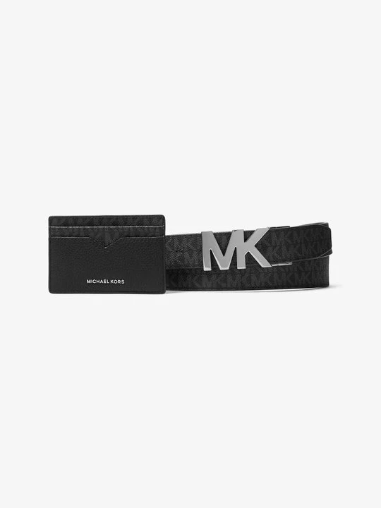 Zdjęcie produktu Zestaw upominkowy ze skórzanym etui na karty i paskiem z charakterystycznym logo Michael Kors CZARNY (Czarny)